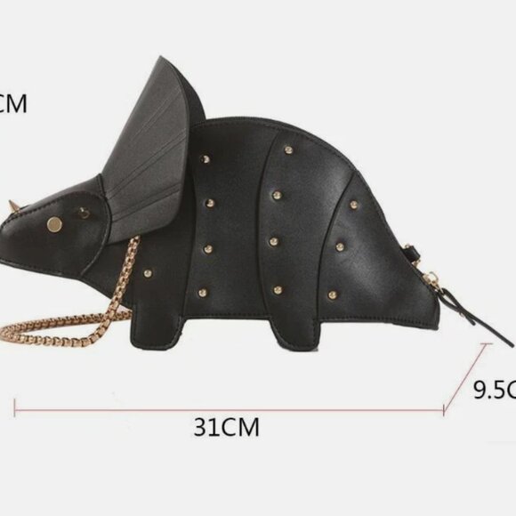 Dinosaur Crossbody Bag Mini Purse Vegan Leather Rivets Chain Strap Dino Black - Picture 7 of 8